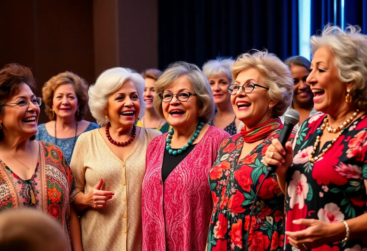 Older women stand-up comedians performing on stage in Los Angeles