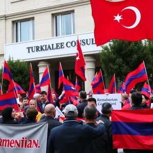 A large crowd participating in a rally for Armenian Genocide remembrance, with flags and banners.