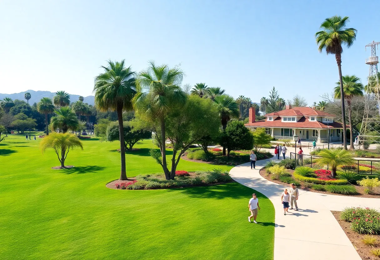Community park in Beverly Hills with lush greenery and recreational activities