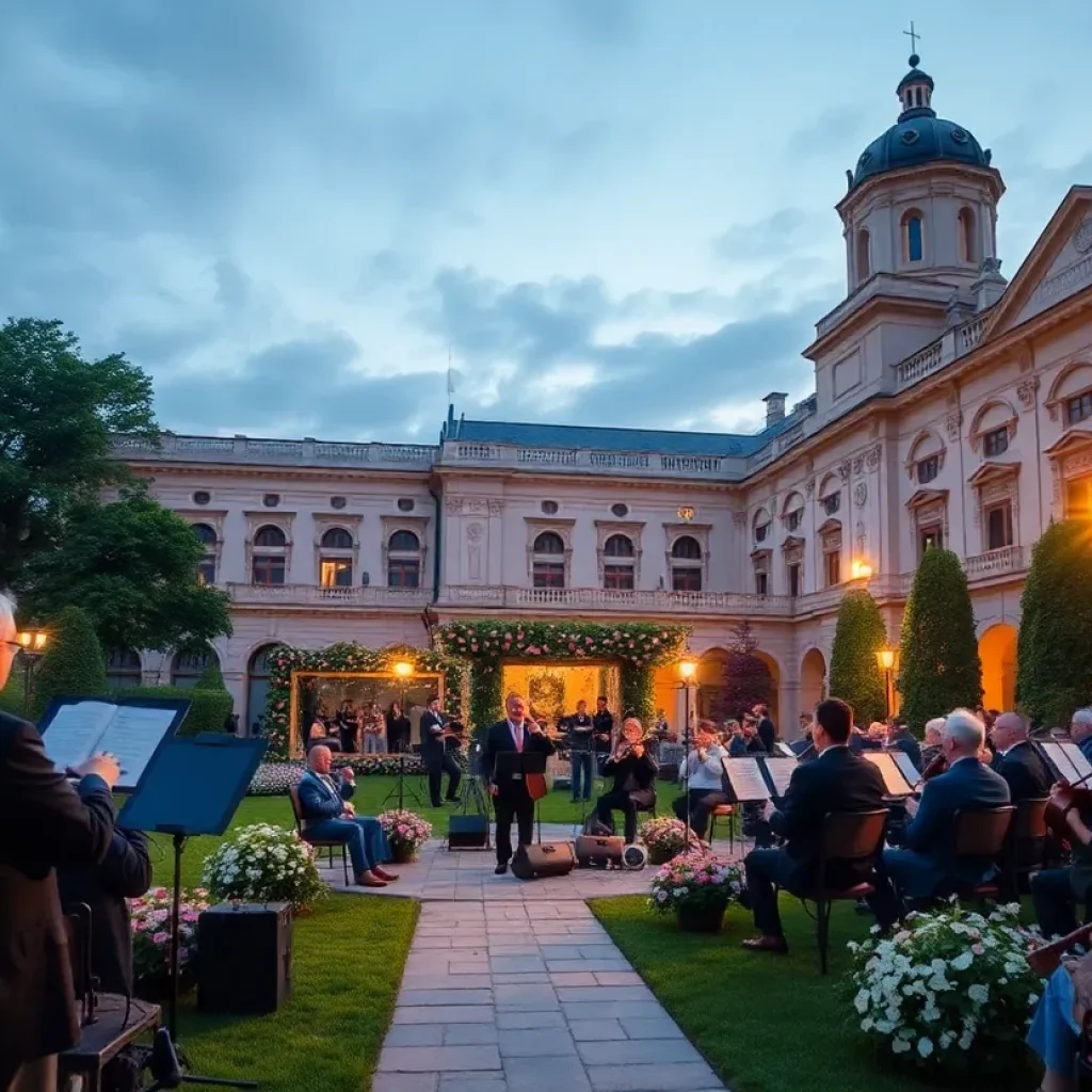 Outdoor concert at the Beverly Hills International Music Festival with musicians performing in a beautiful garden setting.