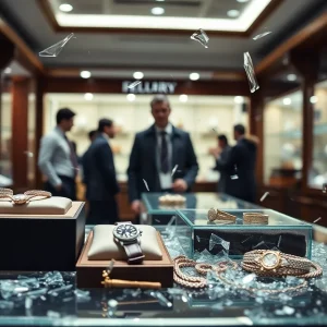 Scene depicting a jewelry heist with shattered display cases