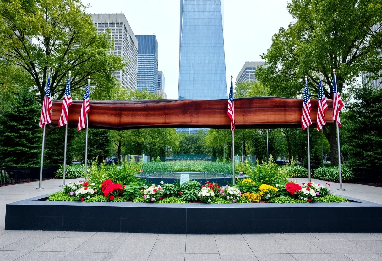 Beverly Hills Memorial Garden with a beam from the World Trade Center