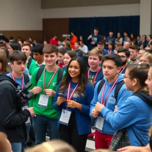 Students participating in a high school journalism competition with awards displayed.