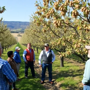 Almond farm in California during a protest against federal tariffs