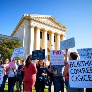 People protesting birthright citizenship outside a courthouse in California.