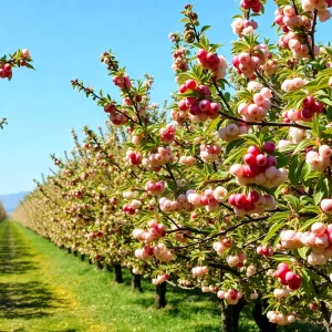 A California cherry orchard with various cherry trees in bloom.