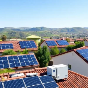 Sustainable homes in California featuring solar panels and heat pumps