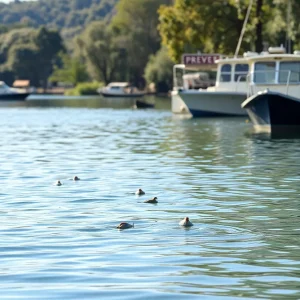 California lake with boats showcasing environmental protection efforts against invasive golden mussels.