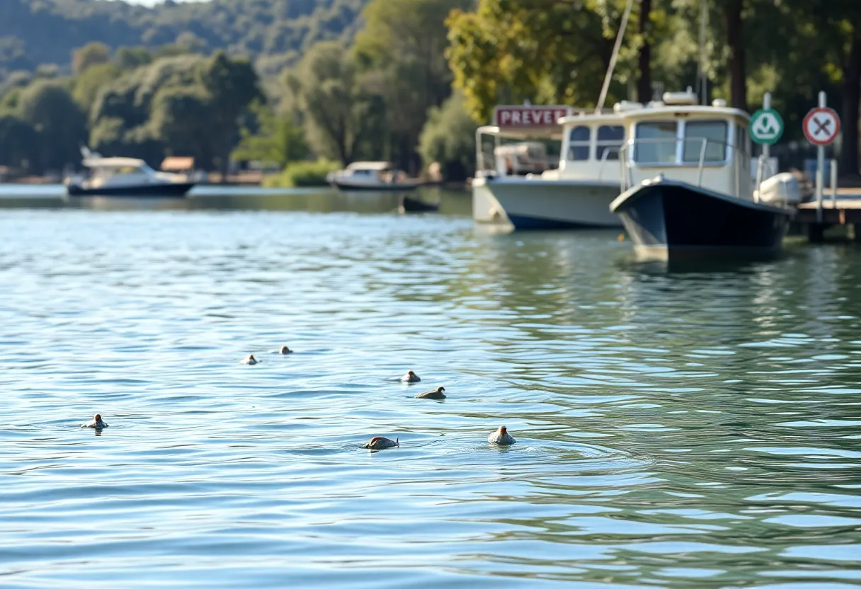 California lake with boats showcasing environmental protection efforts against invasive golden mussels.