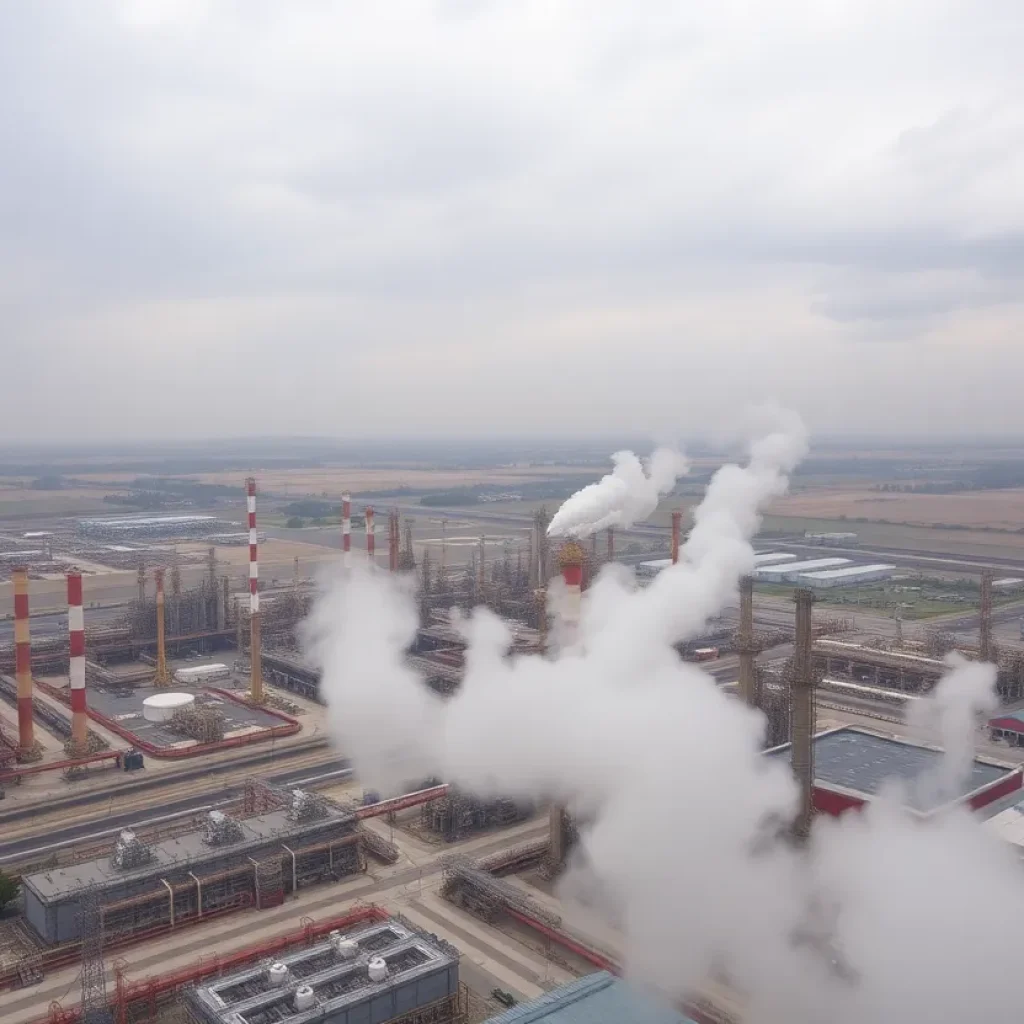 Aerial view of a California oil refinery complex with smoke stacks.