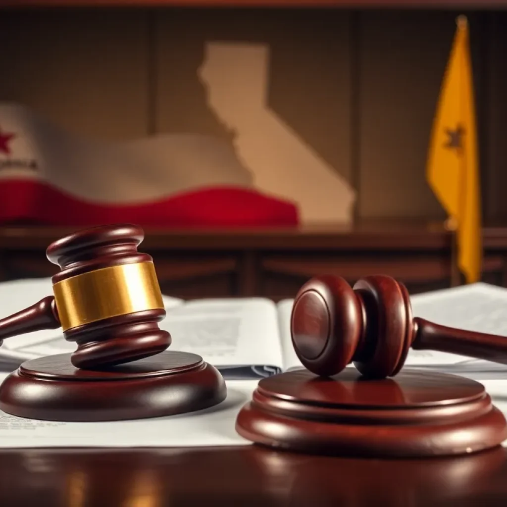 Courtroom scene representing California's legal battle against tariffs