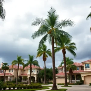 A California neighborhood showcasing homes and palm trees under a cloudy sky, representing real estate market challenges.
