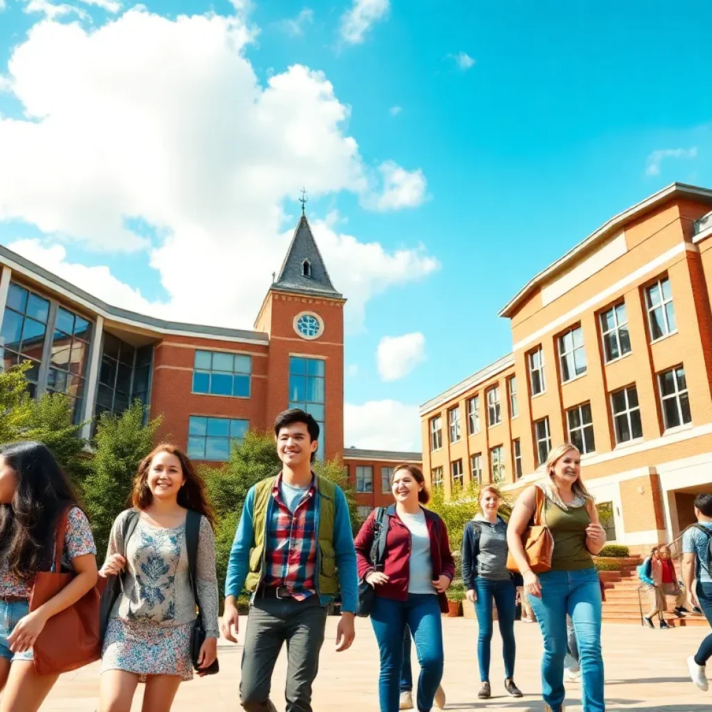 Students touring a college campus