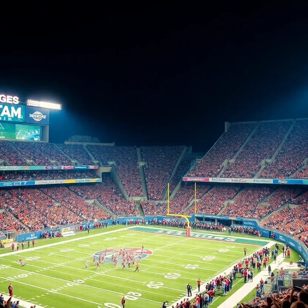Crowd at a college football game with team colors and banners
