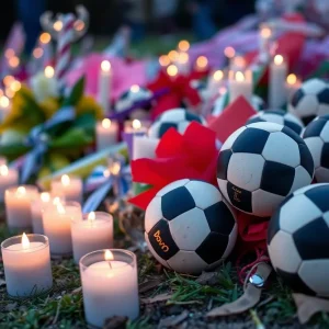 Candles and soccer balls at a memorial for a young boy