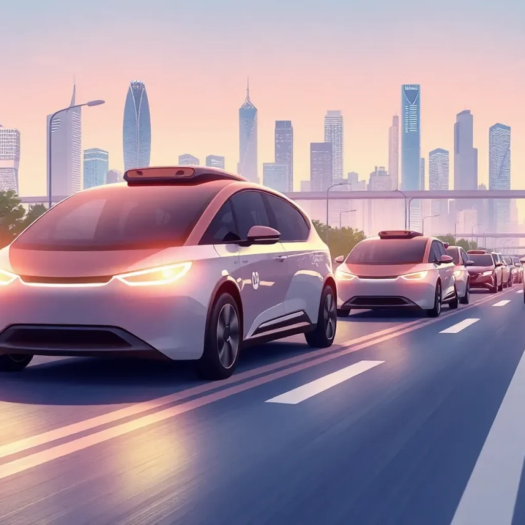 Illustration of autonomous vehicles navigating a modern city