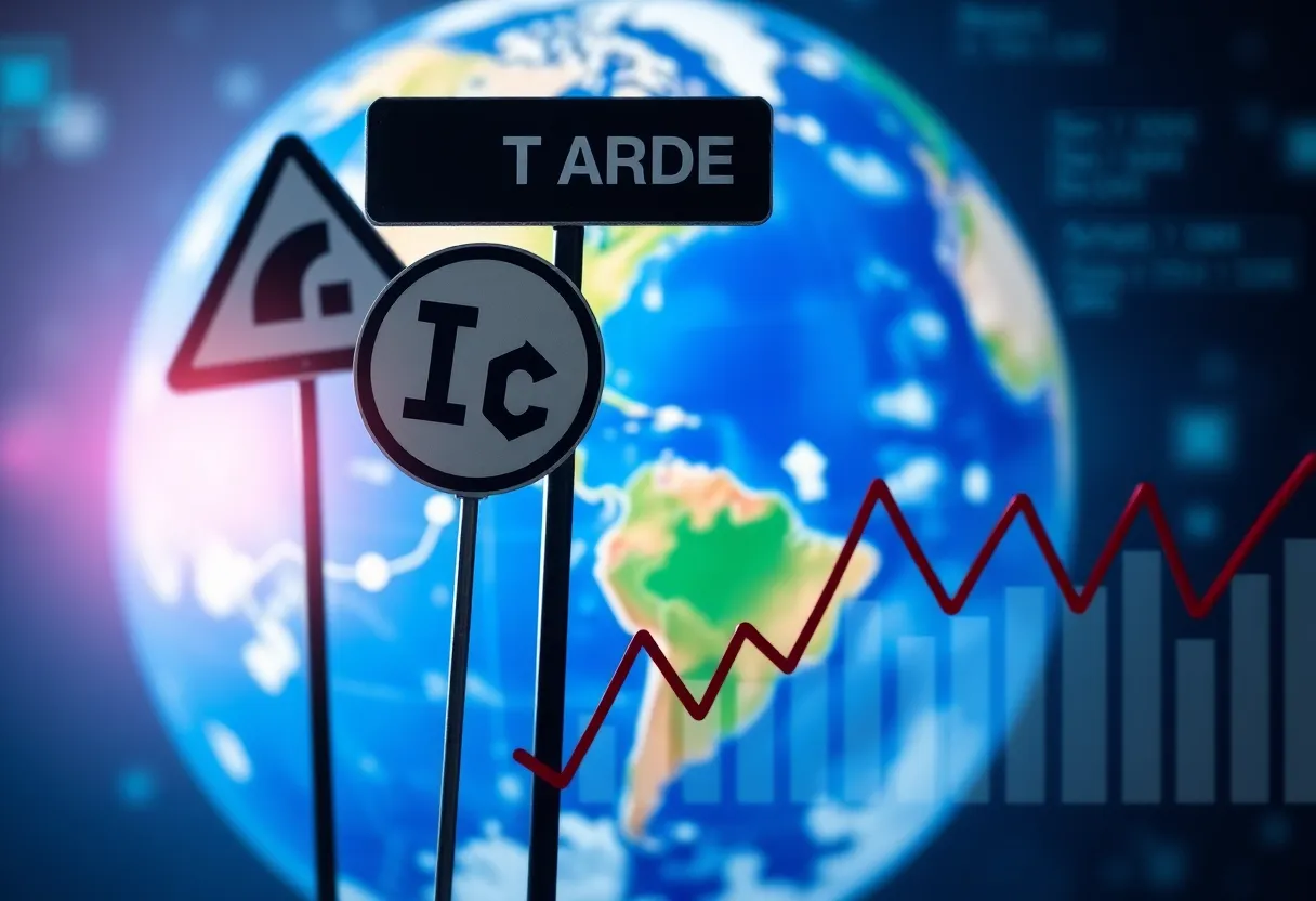 Visual representation of global economic challenges including trade uncertainties and tariffs.