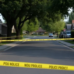 Police tape in a neighborhood indicating a crime scene investigation