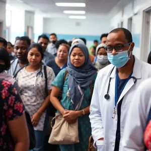 Hospital scene with diverse groups accessing healthcare services