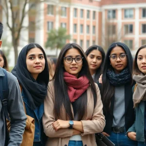 Group of international students discussing on campus with worried expressions.