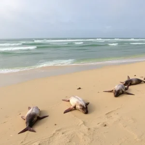 Coastline of Southern California with dead marine mammals due to algal bloom