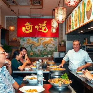 Vibrant interior of Mesa Thai restaurant in Thai Town, Los Angeles.