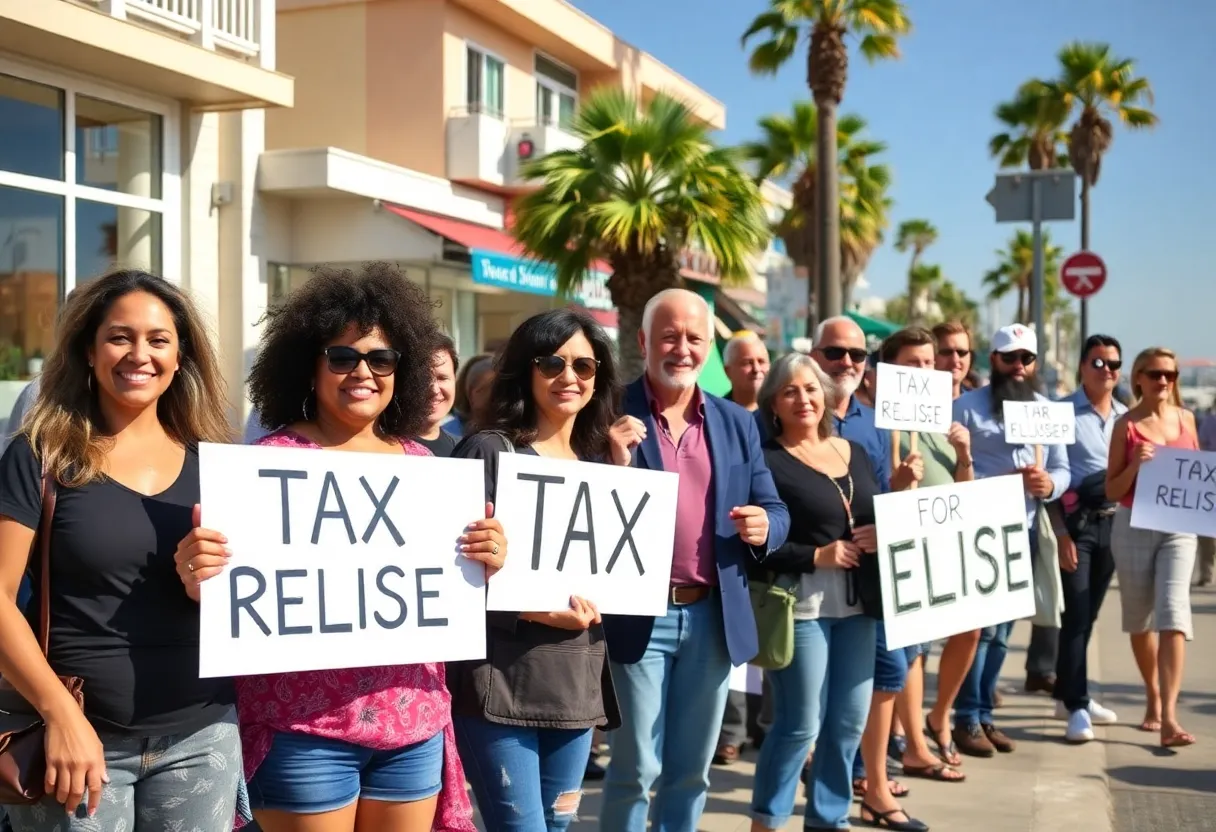 A diverse group of small business owners supporting the campaign for tax deductions in Oceanside, California