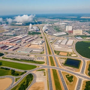 Aerial view highlighting pollution in Ontario, California.