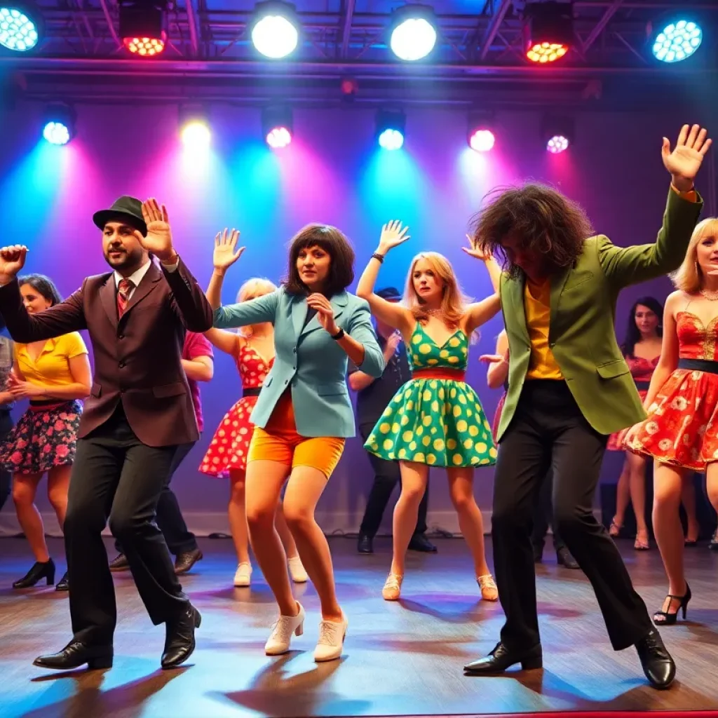 Dancers performing in vibrant costumes inspired by the 1960s during Pepperland dance show.