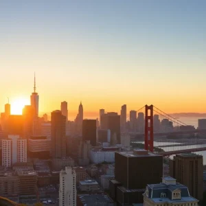 Sunset view of San Francisco skyline with skyscrapers