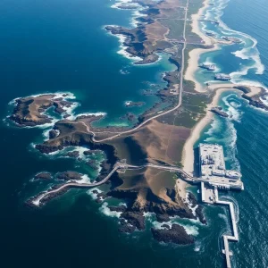 Aerial view of Santa Barbara coastline with visible oil pipeline