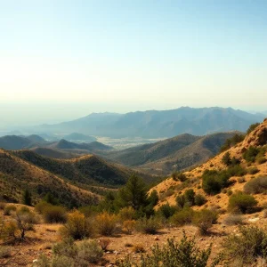 A landscape depicting Southern California fire hazard zones with dry vegetation