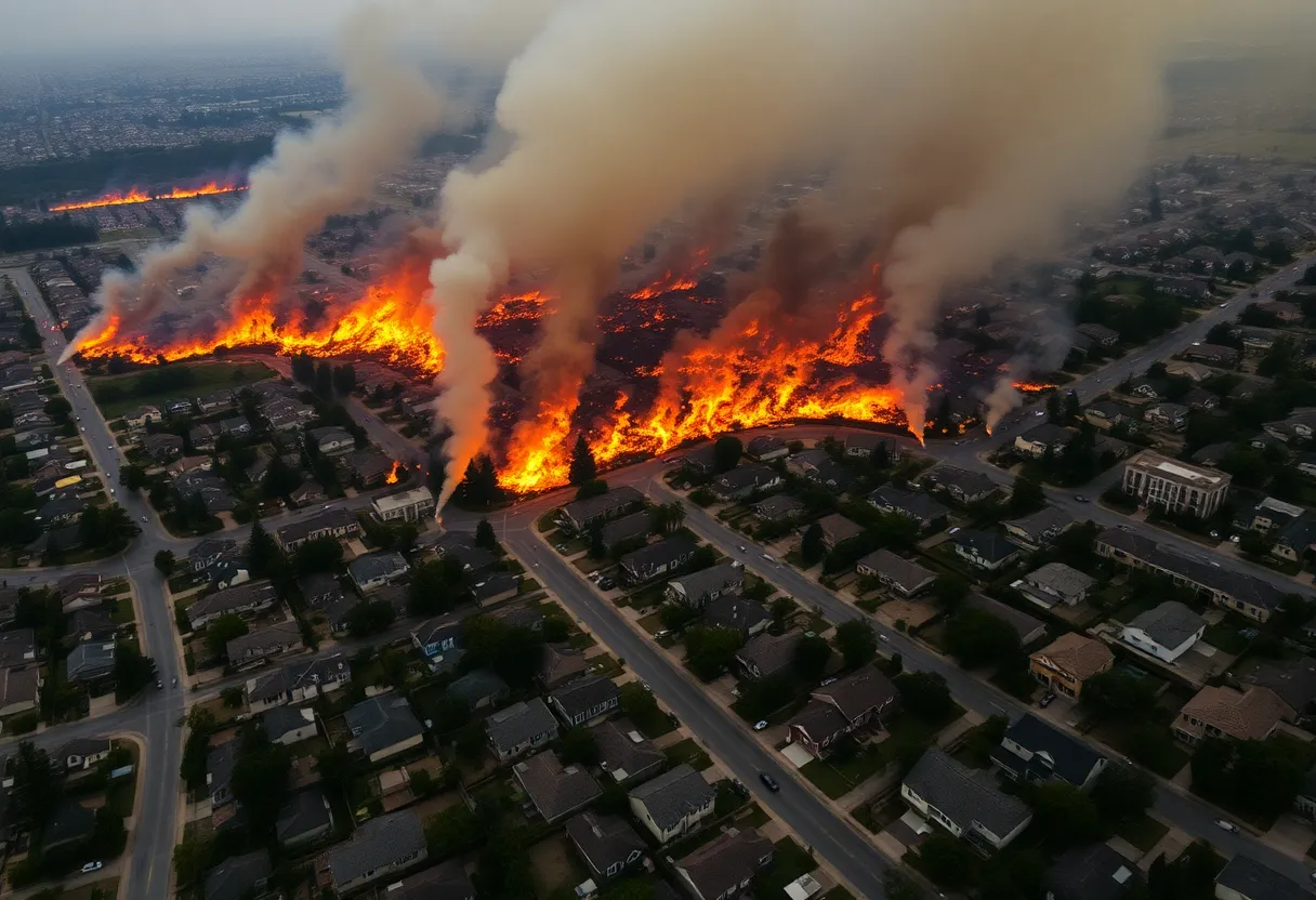Aerial view showing the devastation caused by wildfires in Southern California with raging flames impacting urban neighborhoods.