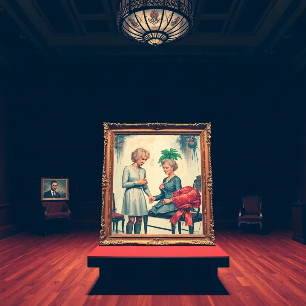 Representation of a stolen Andy Warhol art piece displayed in an auction house.