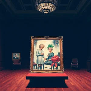 Representation of a stolen Andy Warhol art piece displayed in an auction house.