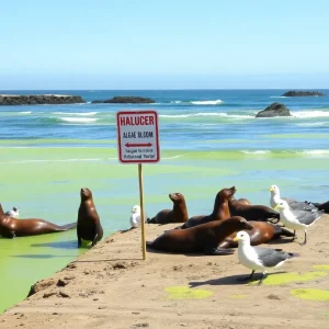 View of algae bloom affecting marine wildlife in Southern California