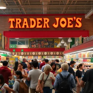 Interior view of a new Trader Joe's store with shoppers and colorful product displays.