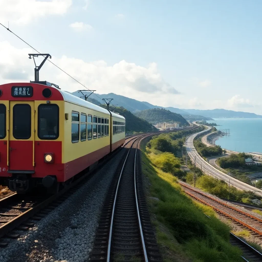 A train traveling along the LOSSAN rail corridor with coastal views.