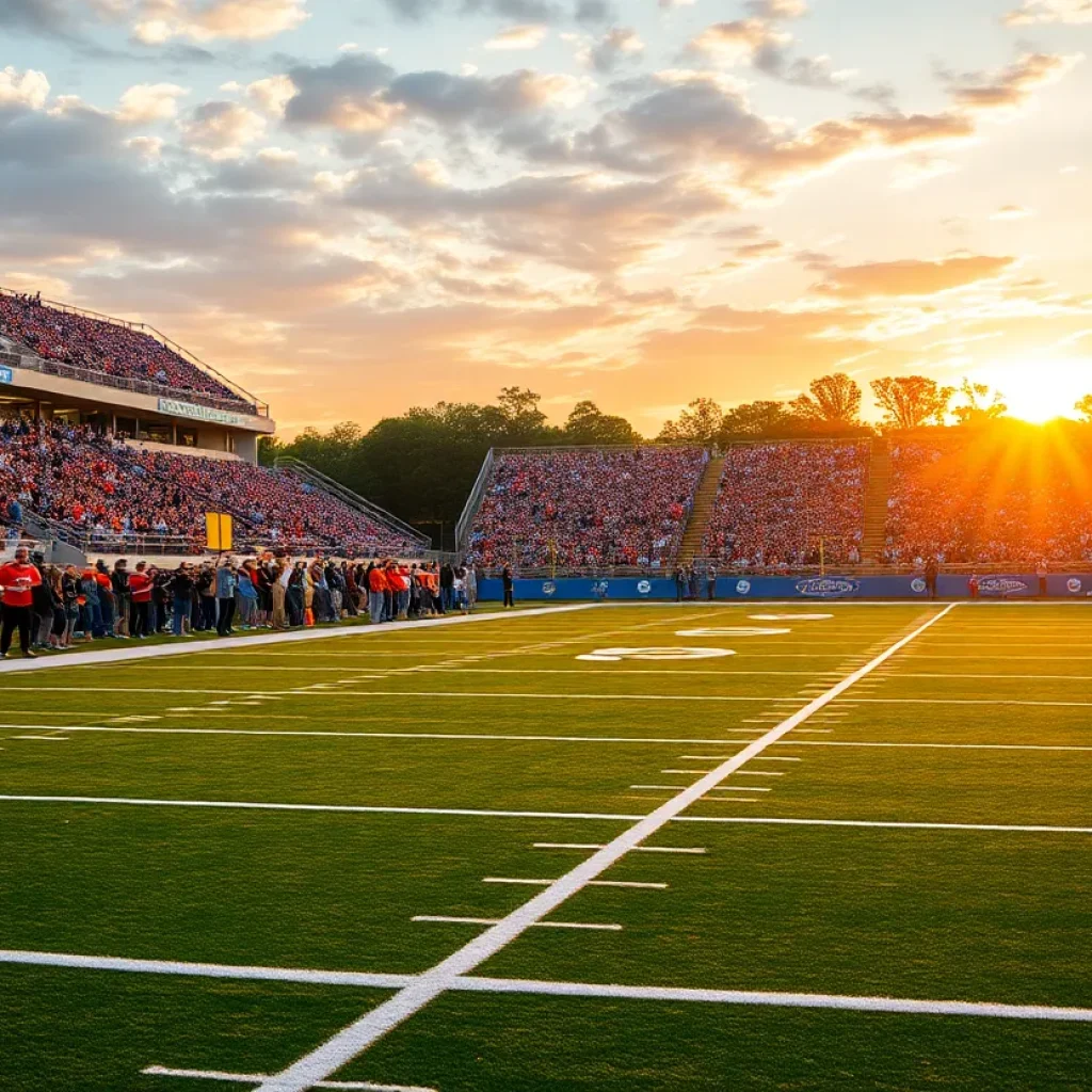 A buzzing college football field filled with fans during a signing event.