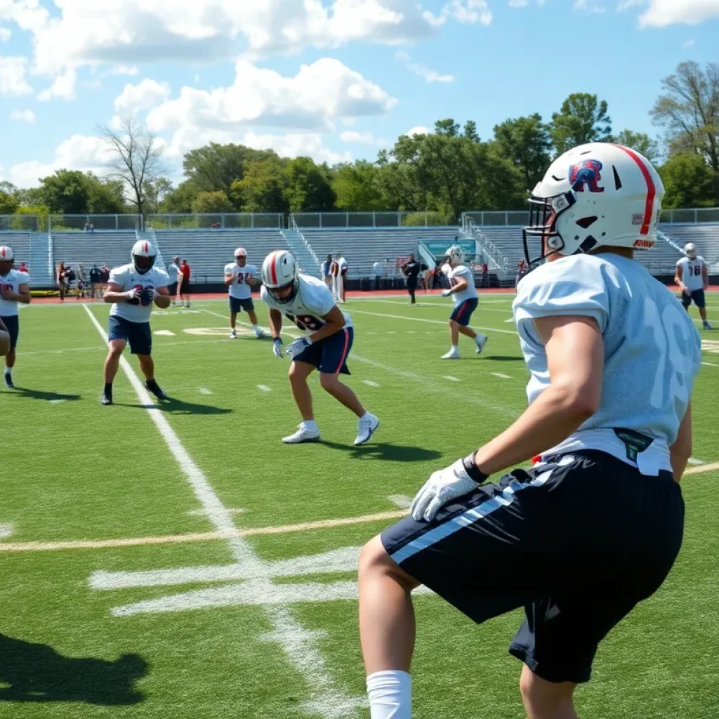 UCLA football players practicing on the field during spring training.