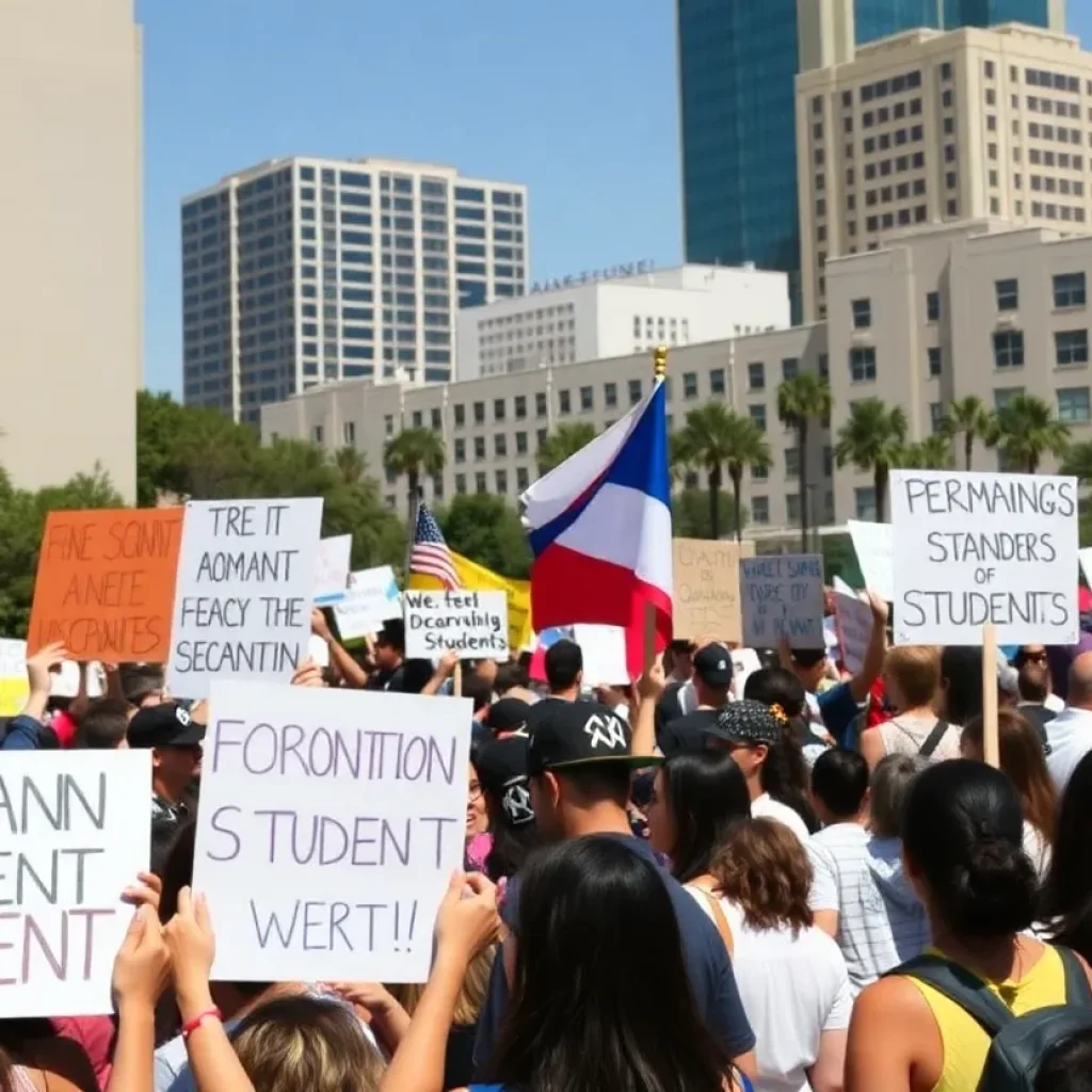 Protesters rallying for international students' rights outside a federal building in Los Angeles