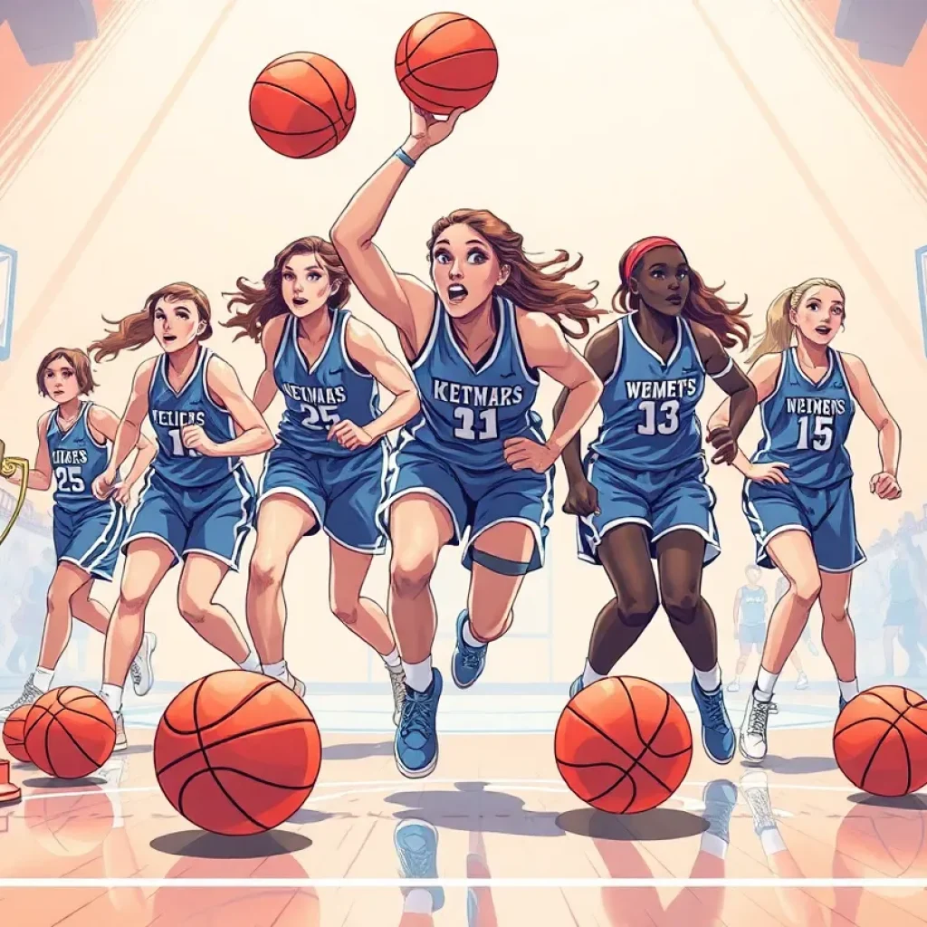 Illustration of a women’s basketball team in action