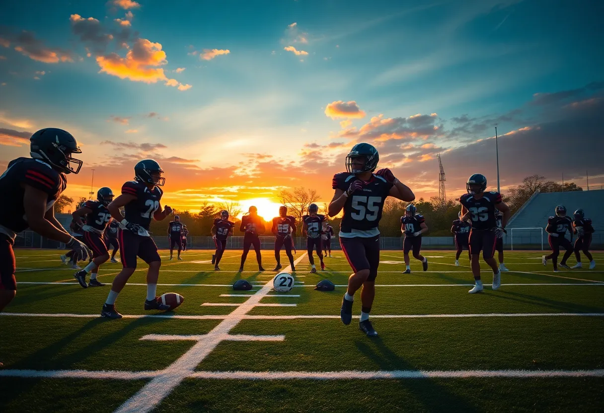 College football players practicing on a field during sunset