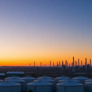 View of Valero Refinery in Benicia at sunset