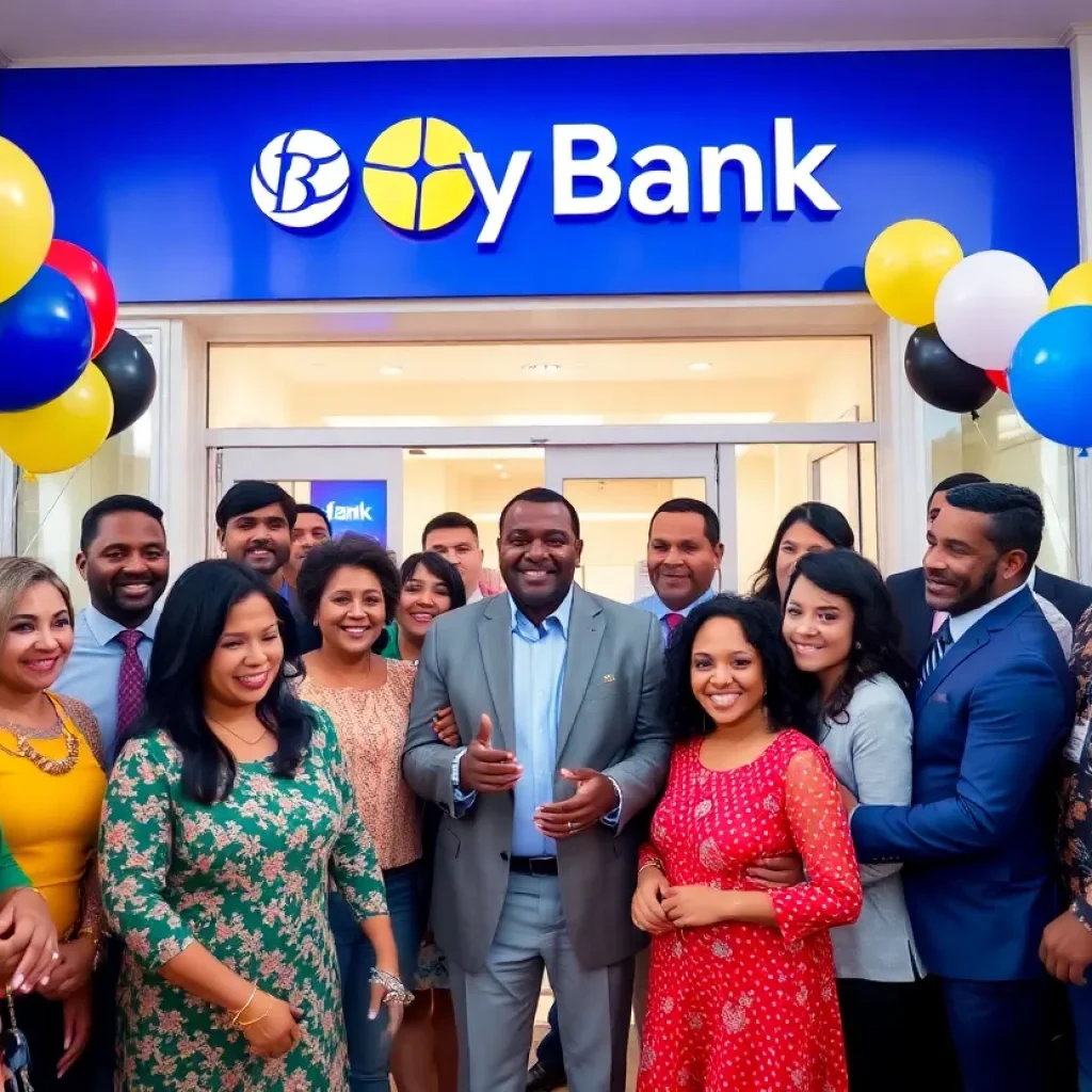 Grand opening of Valley National Bank in Beverly Hills with community members celebrating.