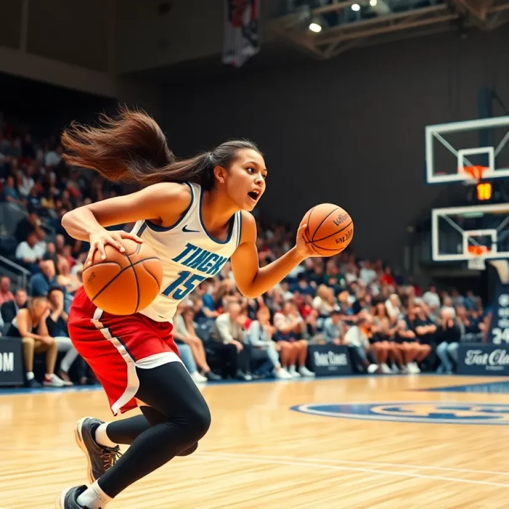 Female basketball player making a dynamic play on the court.