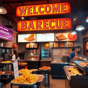 Interior view of AC Barbeque restaurant showcasing diverse barbecue dishes and welcoming ambiance.