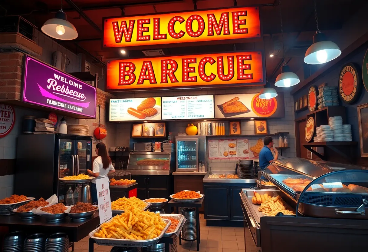 Interior view of AC Barbeque restaurant showcasing diverse barbecue dishes and welcoming ambiance.