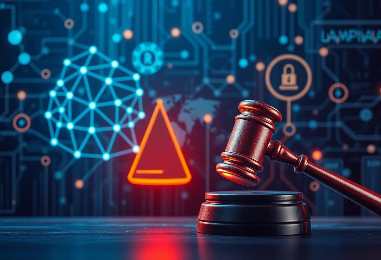 Illustration of artificial intelligence meeting antitrust law concepts.