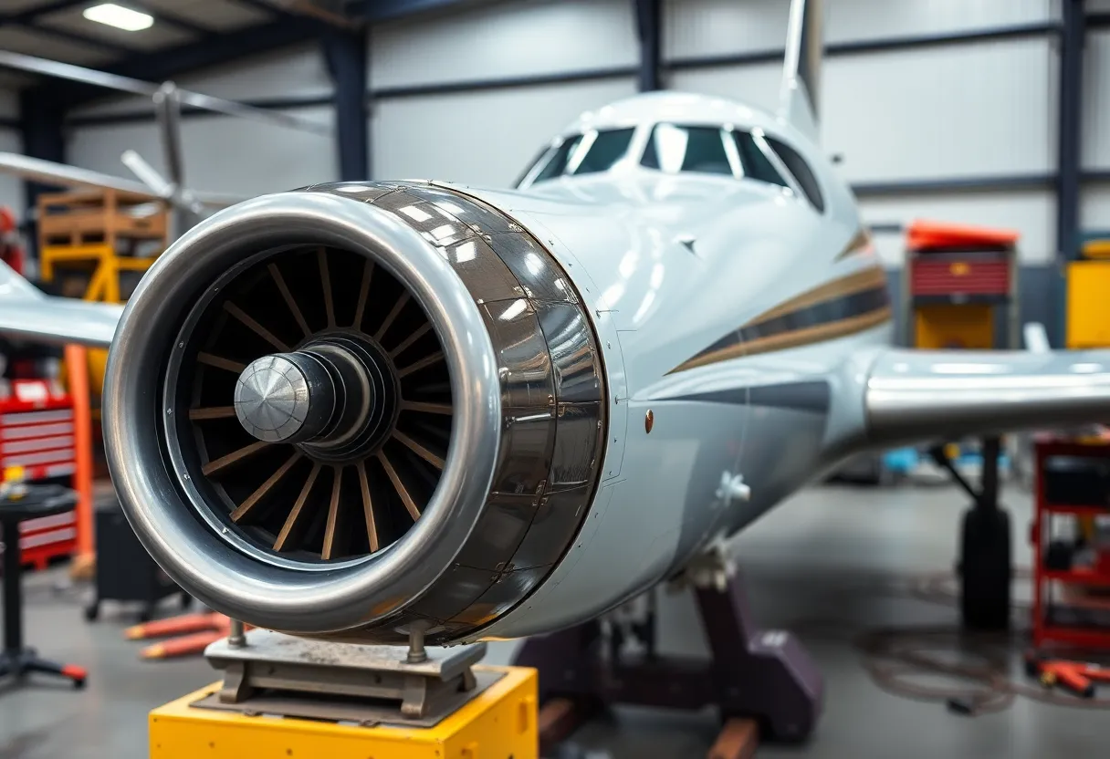 Workshop filled with aircraft parts and maintenance tools